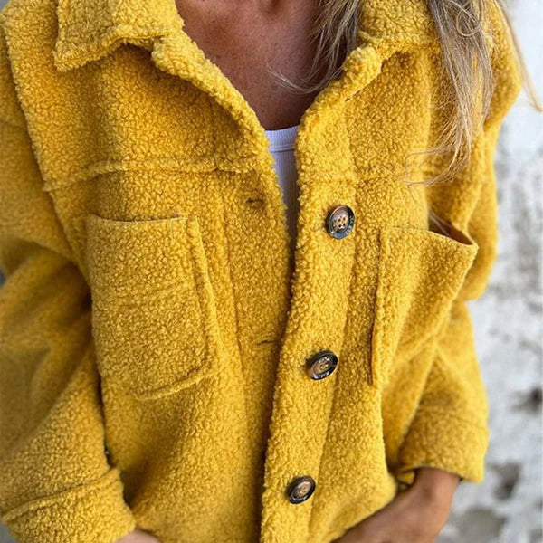 Women's warm teddy jacket with a stylish lapel collar & button closure. Cozy short coat for autumn & winter.