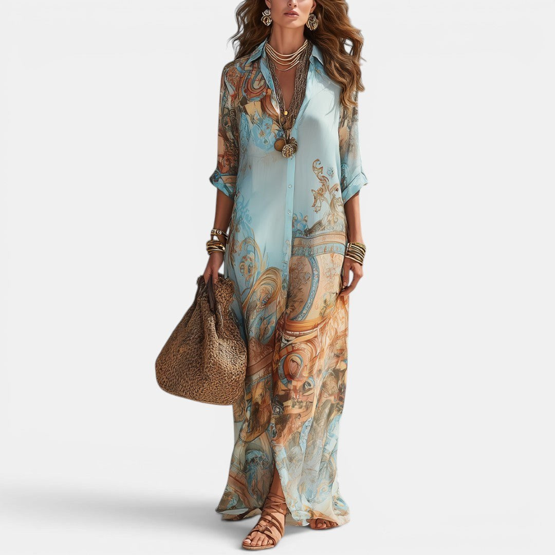 Women's Mediterranean print maxi shirt dress, elegant resort wear. Flowing summer style.