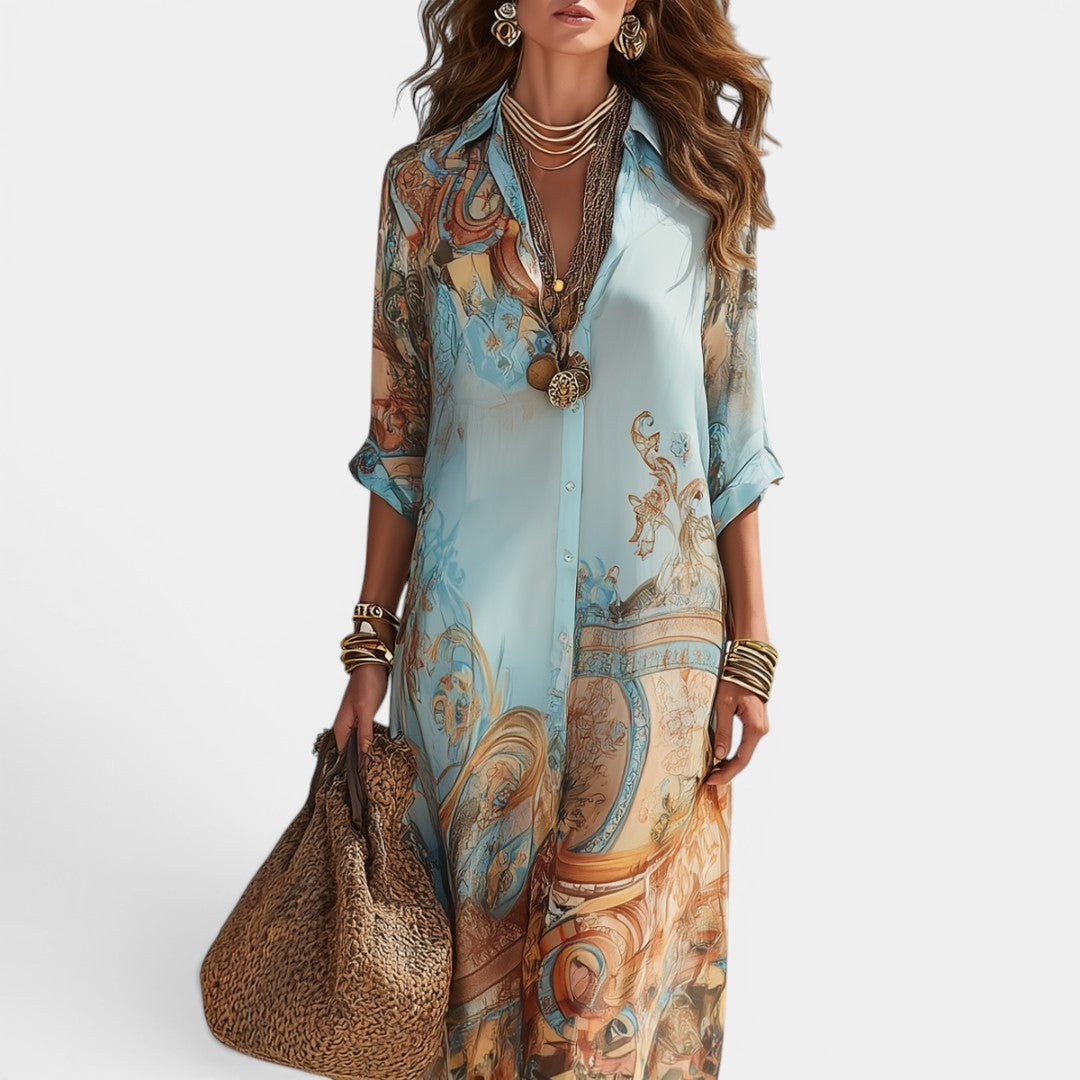 Elegant women's Mediterranean print long maxi dress. Ideal for resort wear, summer vacations, and stylish comfort.