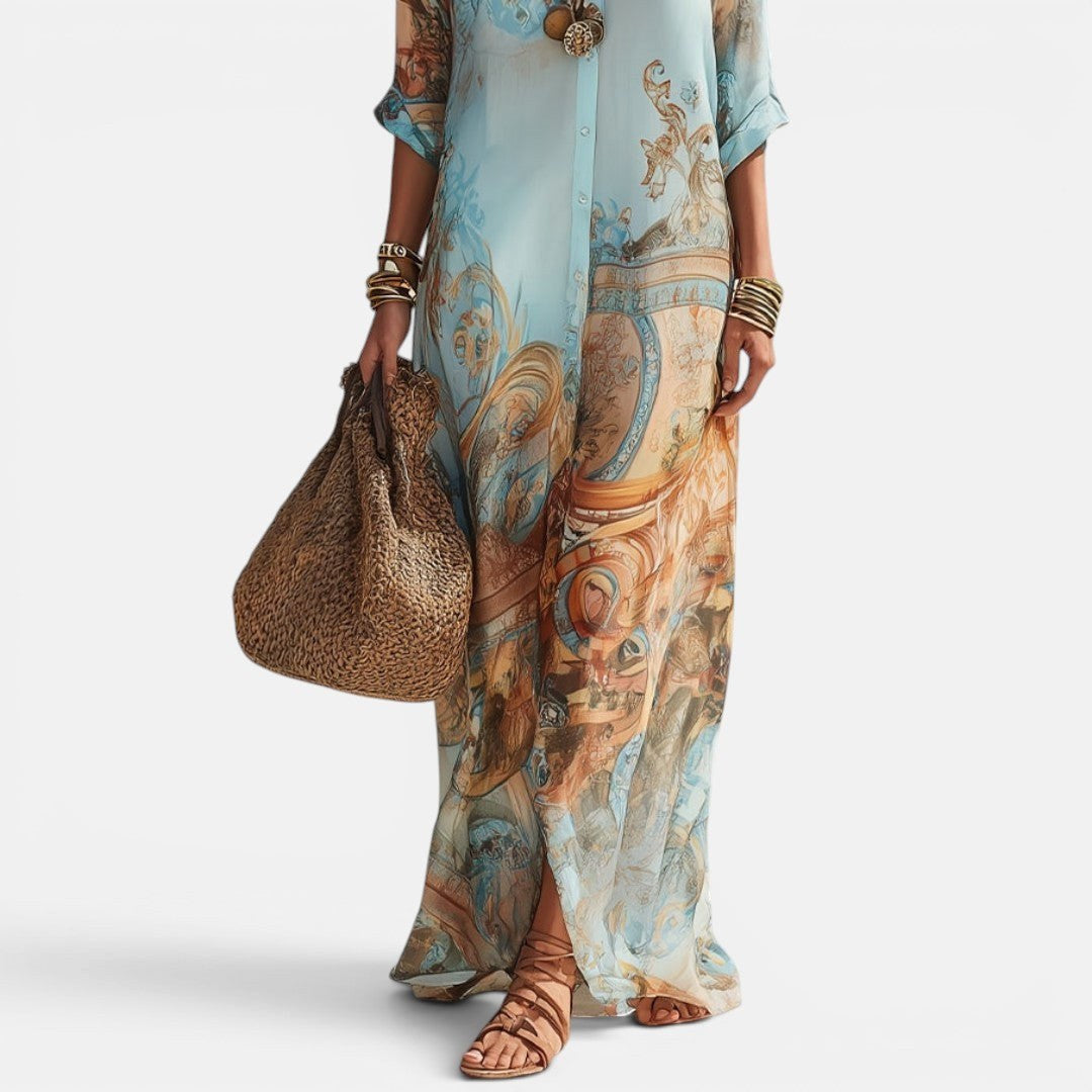 Women's stylish maxi shirt dress with a unique Mediterranean pattern. Casual yet chic print dress.