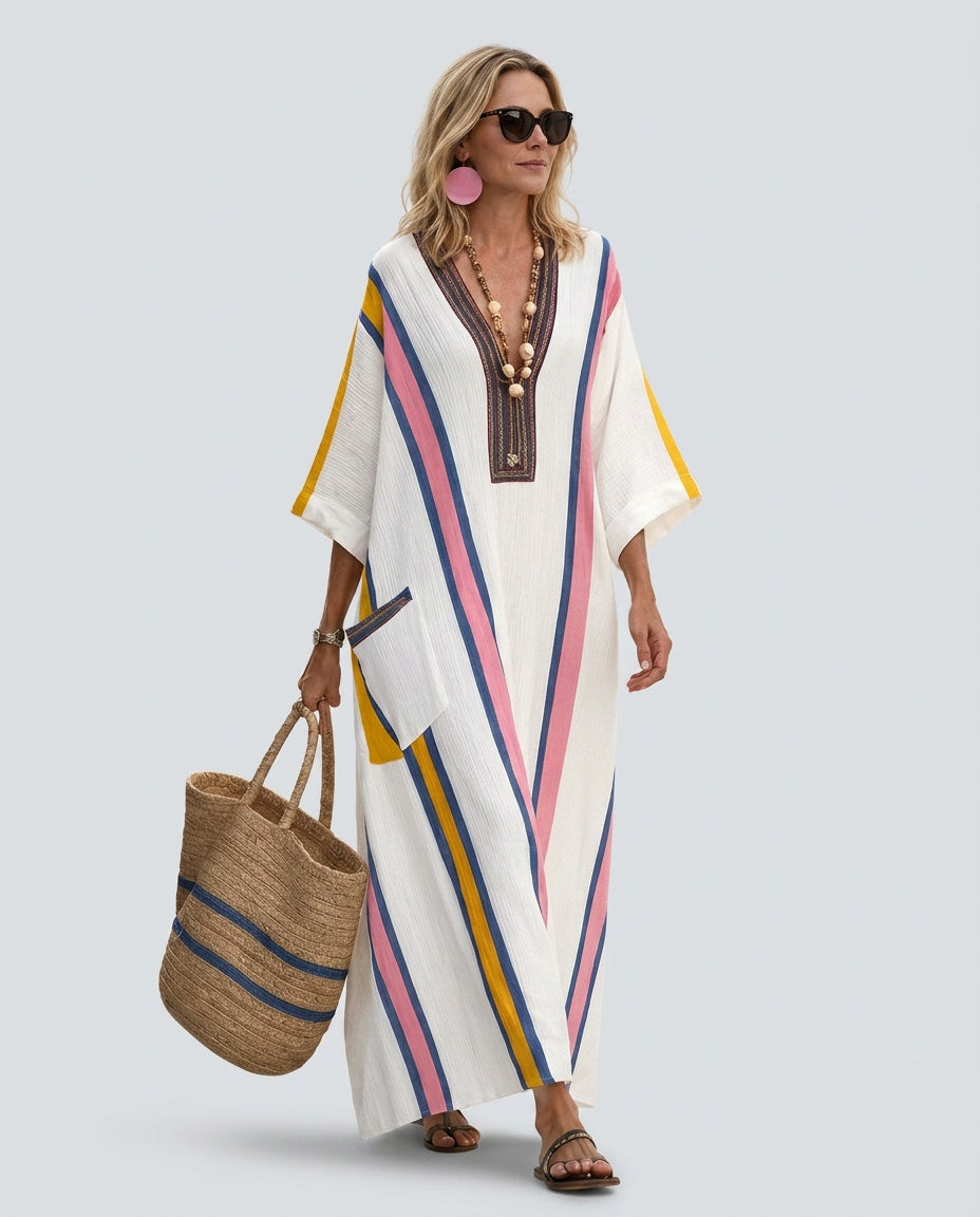 Women's striped kaftan maxi dress with V-neck & three-quarter sleeves, perfect for beach, resort, or summer vacation.