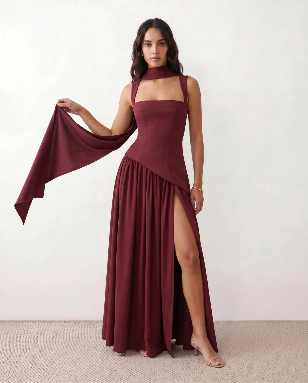 Elegant women's corset lace-up maxi dress with a sophisticated thigh split, perfect for formal occasions.