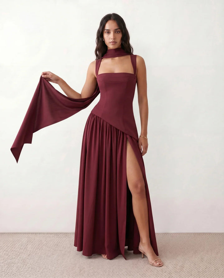 Elegant women's corset lace-up maxi dress with a sophisticated thigh split, perfect for formal occasions.