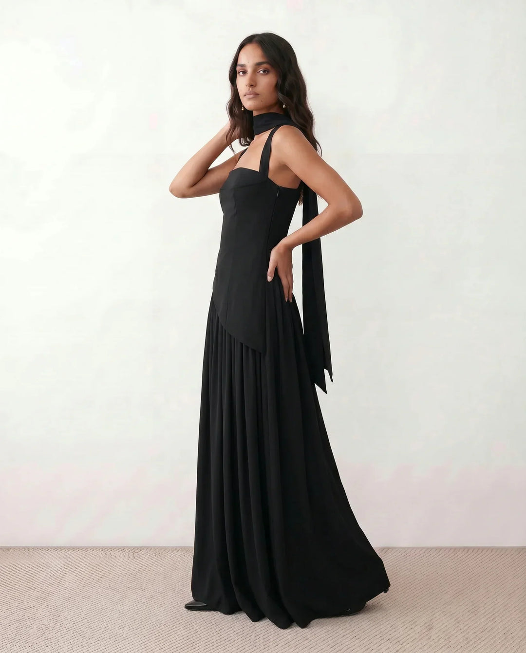 Women's sophisticated evening maxi dress, a corset lace-up style with an elegant high thigh split. Formal fashion.