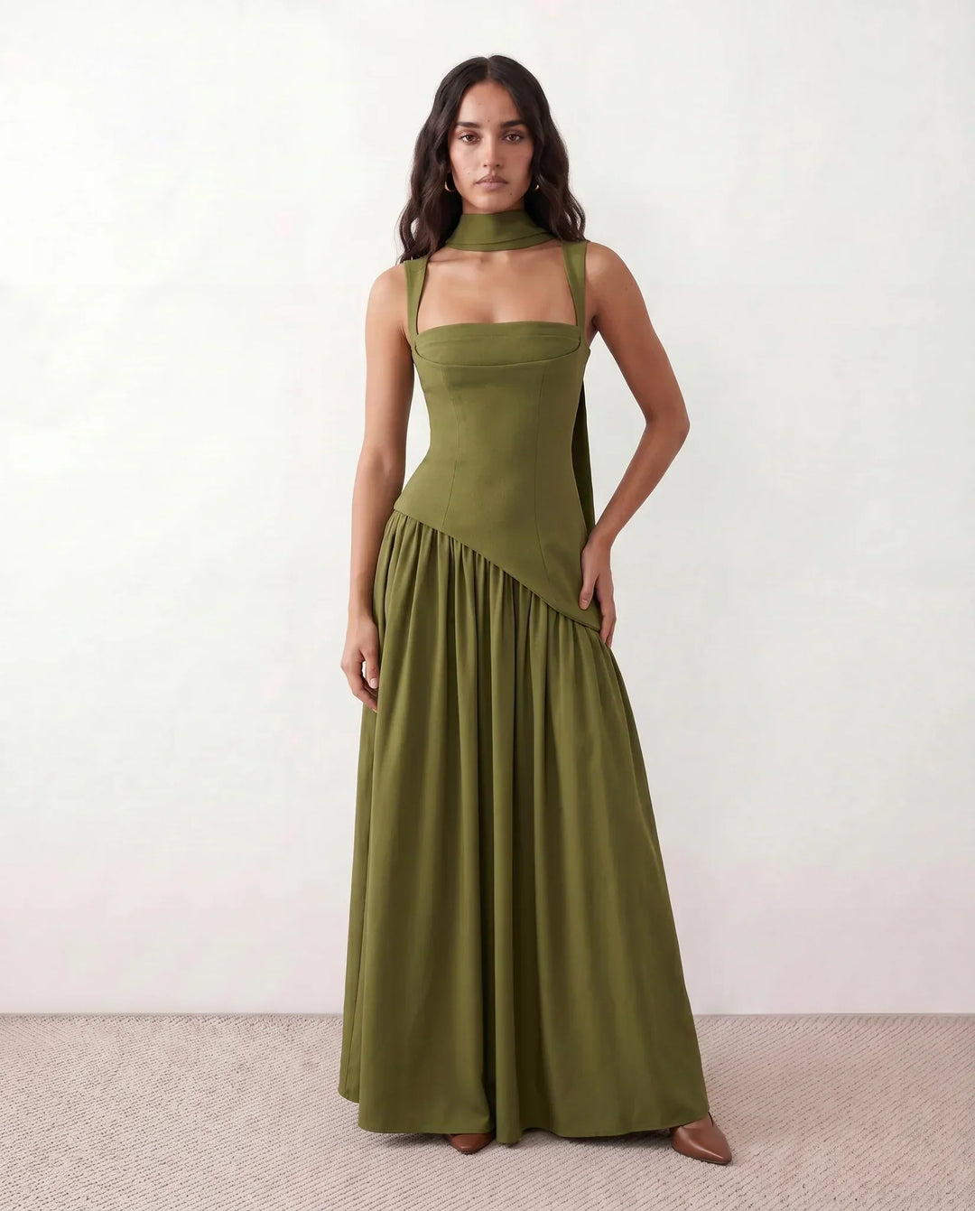 Formal women's dress: an elegant lace-up corset maxi with a daring thigh split. Great for evening wear.