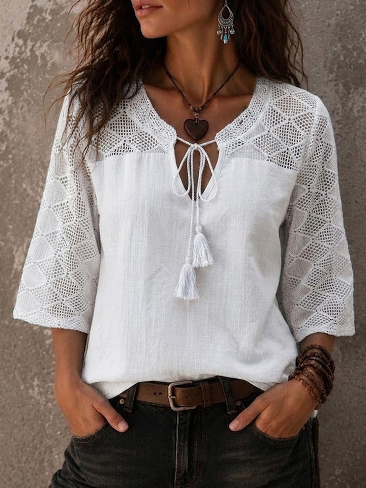 Relaxed fit women's casual summer tunic, a boho V-neck top with stylish crochet trim.