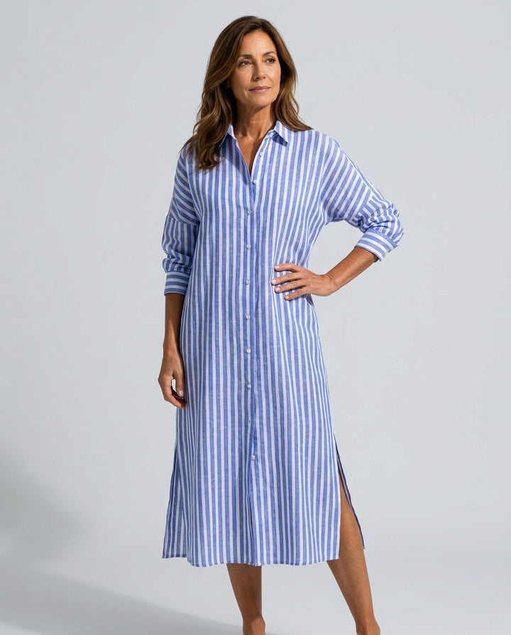 Elegant women's striped midi shirt dress with a classic collar, perfect for spring fashion & summer style.