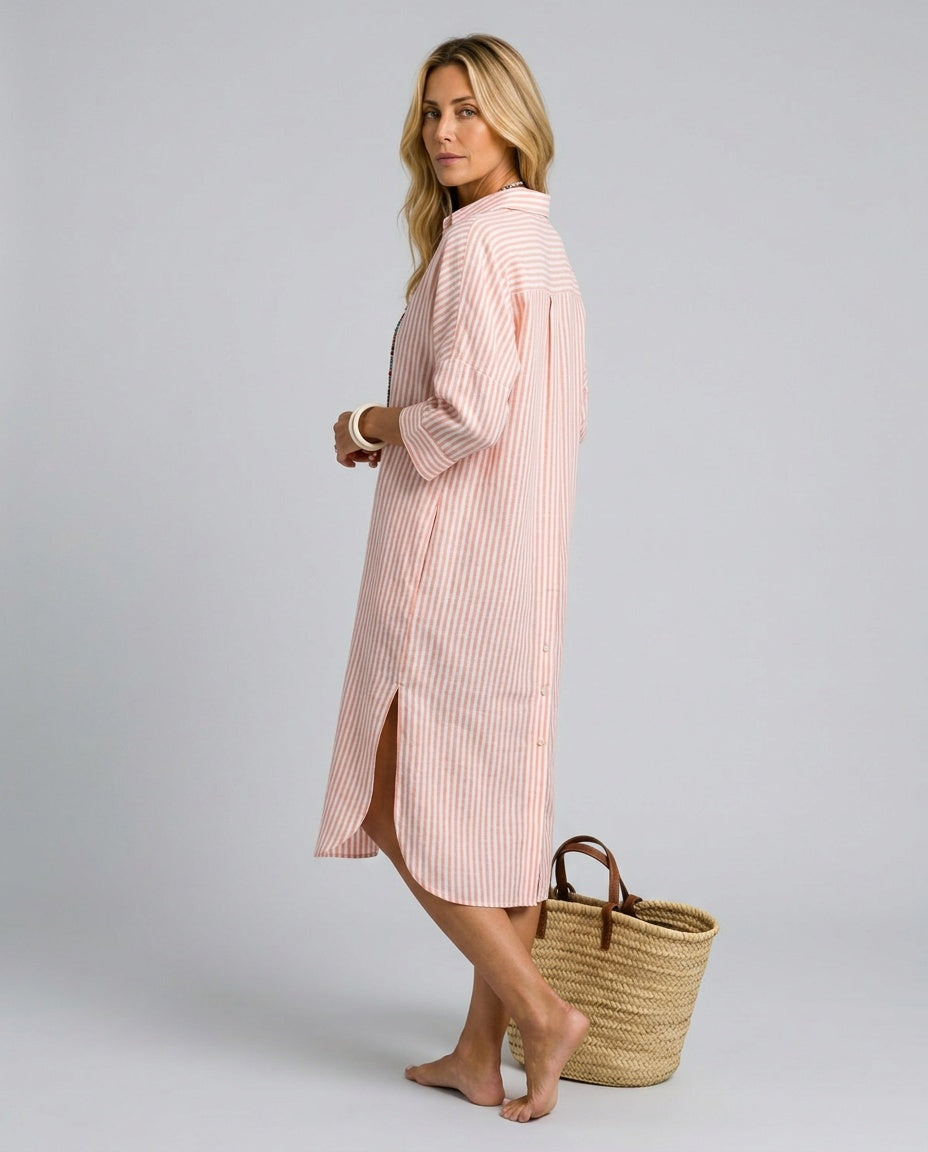 Chic striped midi shirt dress for women, featuring a crisp collar and button-down front, perfect for spring/summer.