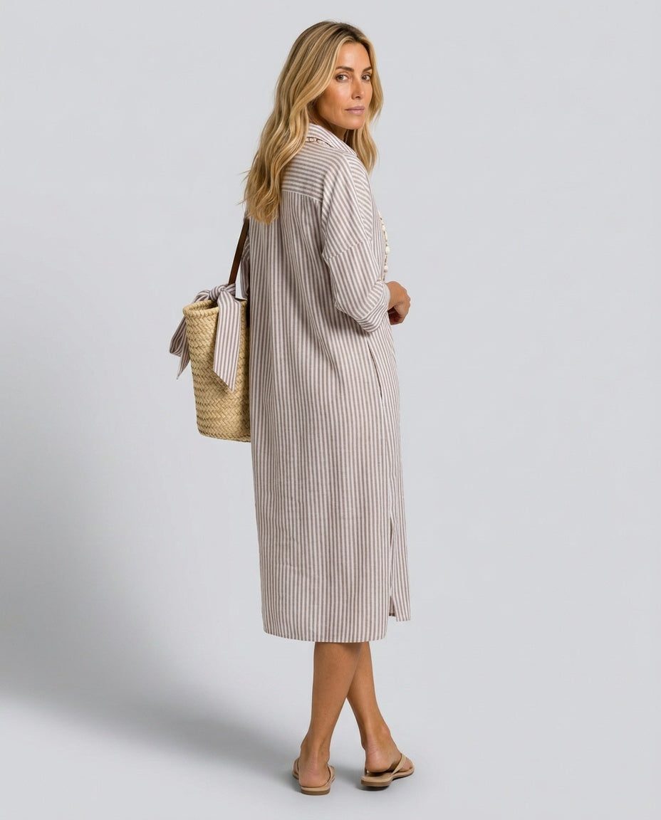 Fashionable women's collared striped midi dress, a comfortable button-front option for elegant spring & summer wear.