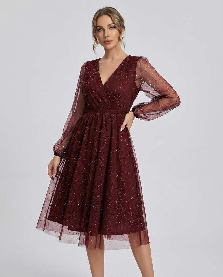 Women's shimmering mesh sleeve mini party dress. Perfect for evening wear, cocktails & special occasions.