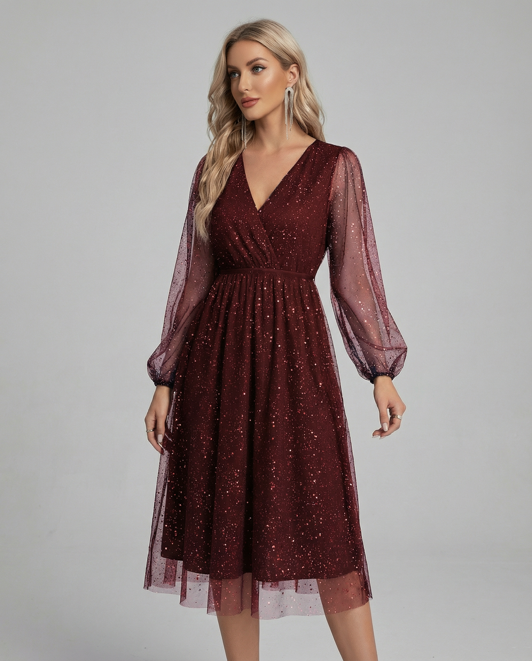 Shimmering mesh sleeve mini party dress for women. A stylish choice for evening wear & cocktail events.