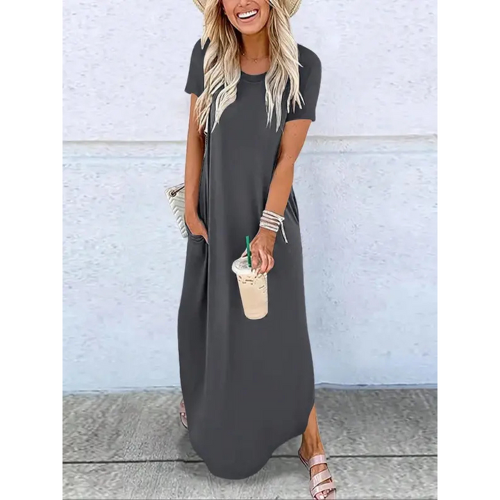Sienna women's round neck short sleeve maxi dress, perfect for casual summer wear. Comfortable & elegant.