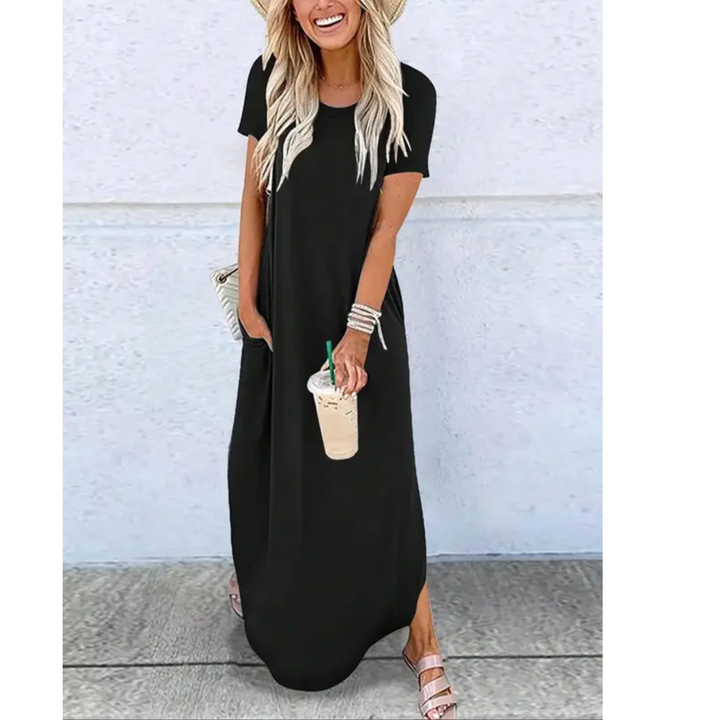 Elegant women's Sienna maxi dress featuring a classic round neck and comfortable short sleeves. Everyday style.