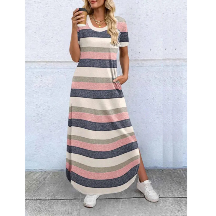 Comfortable Sienna women's summer maxi dress with short sleeves & chic round neck for easy, flowing style.
