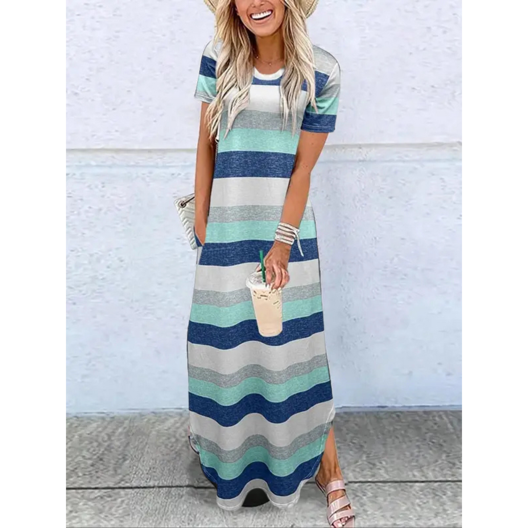 Stylish Sienna long maxi dress for women, round neck & short sleeves. A versatile and comfortable summer staple.