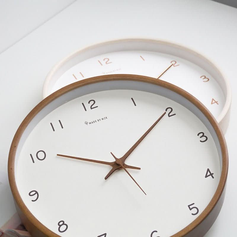Close-up of the silent solid wood wall clock showing clear numbers & hands, perfect bedroom clock.