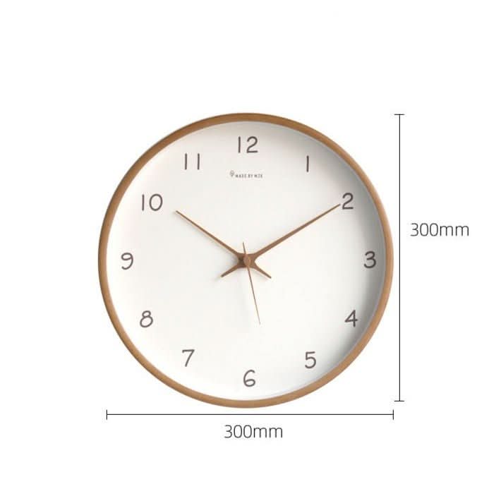 The silent solid wood wall clock hanging in a bright office, a quiet and elegant analog timekeeper.