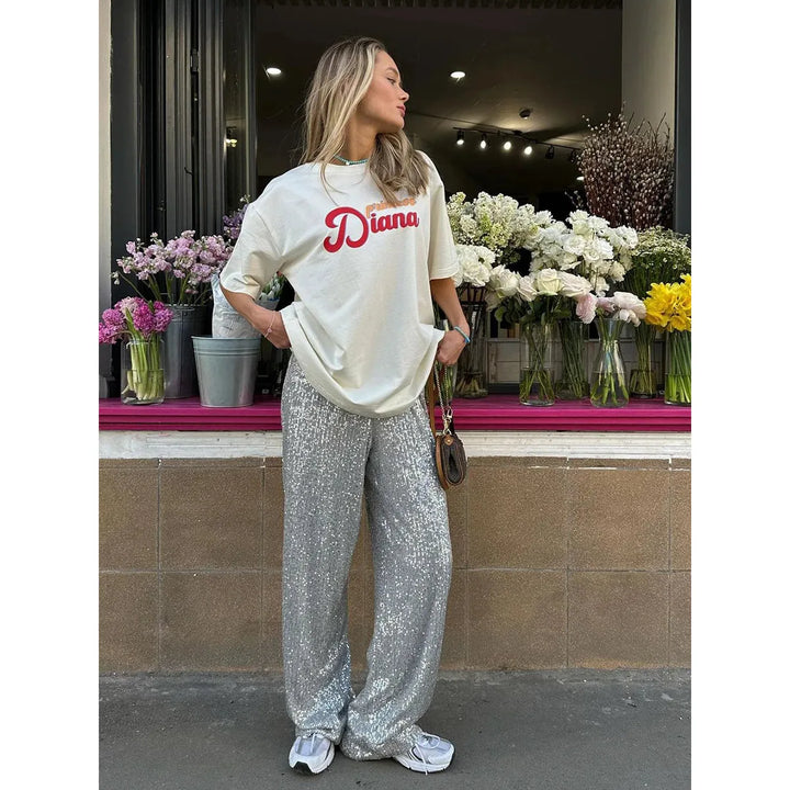 Luna Silky Sequin Pants for women, offering a glamorous shimmer. Versatile for evening events, parties & festive wear.