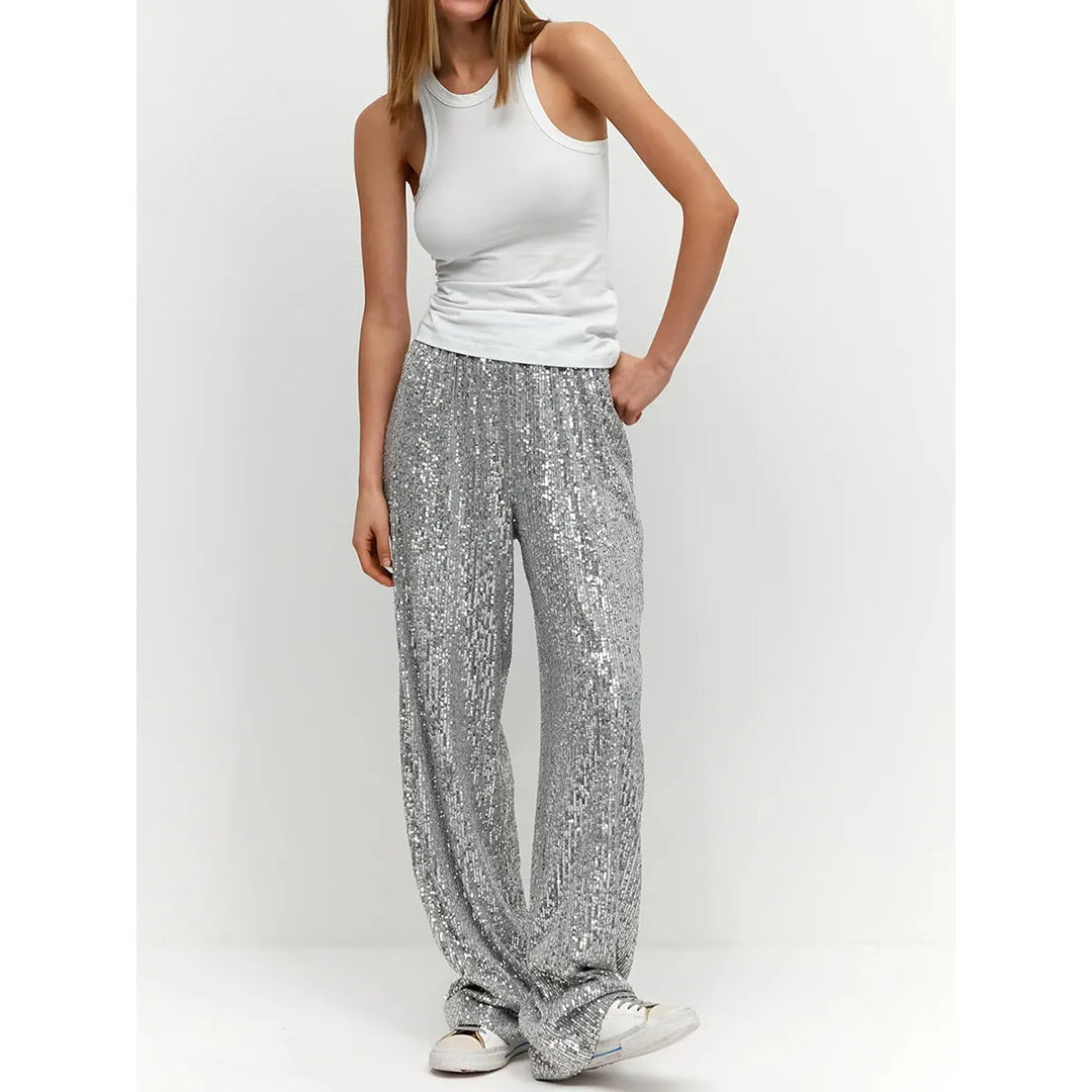 Women's shimmering sequin pants, perfect for glamorous evening parties & festive occasions. Luna silky trousers.