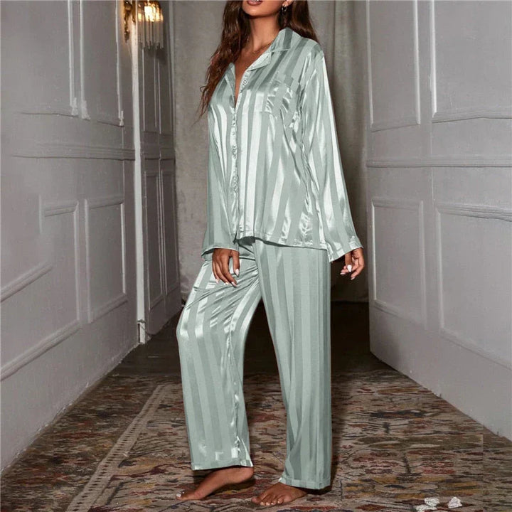 Elegant women's Emilia nightwear, a two-piece silky-soft pyjama set for relaxation.