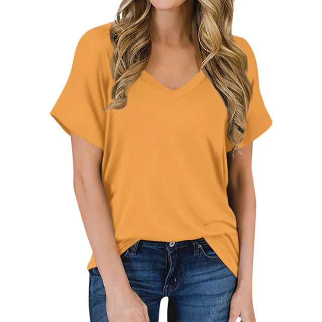 Stylish V-neck casual top for women, featuring short sleeves and a relaxed, comfortable fit.