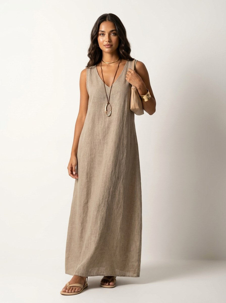 Casual women's flowy V-neck maxi dress, ideal for warm weather, resort wear, or a stylish summer day out.
