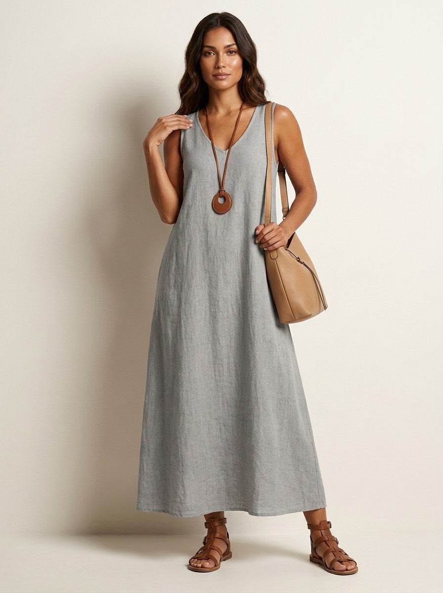 Comfortable women's sleeveless V-neck maxi dress with a flowing silhouette, great for casual elegance all day.