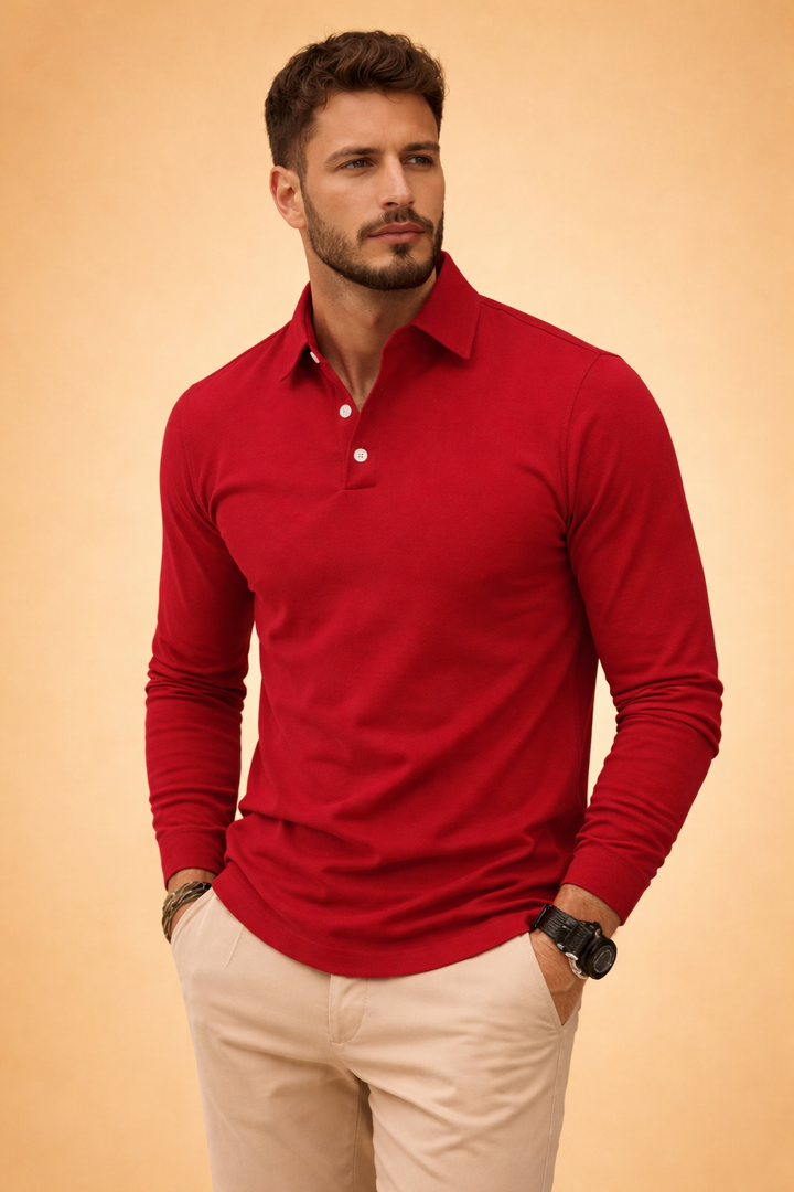 Men's classic long sleeve polo shirt, smart casual everyday wear. Versatile collared top for modern men's fashion.