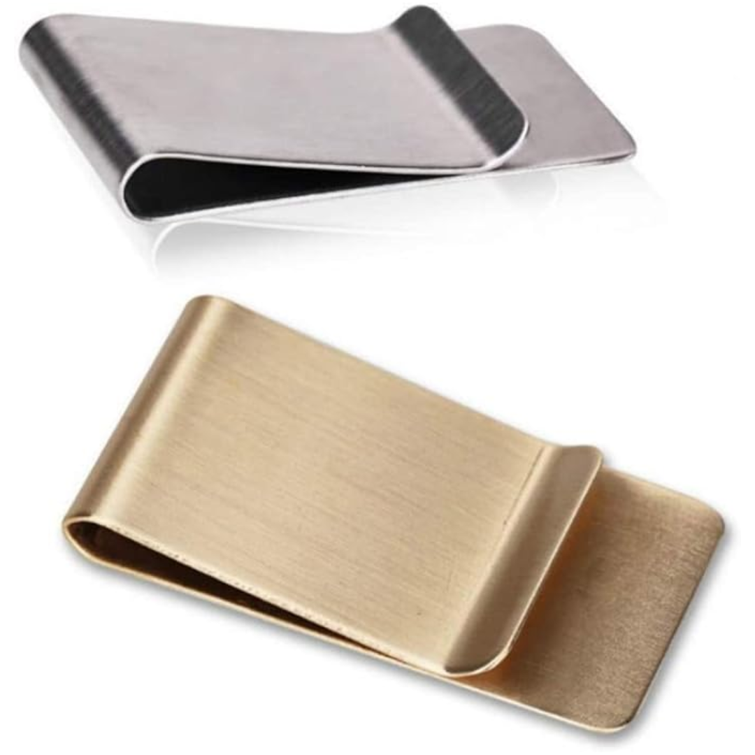 Sleek men's stainless steel money clip, securely holding cash and banknotes in a minimalist design.