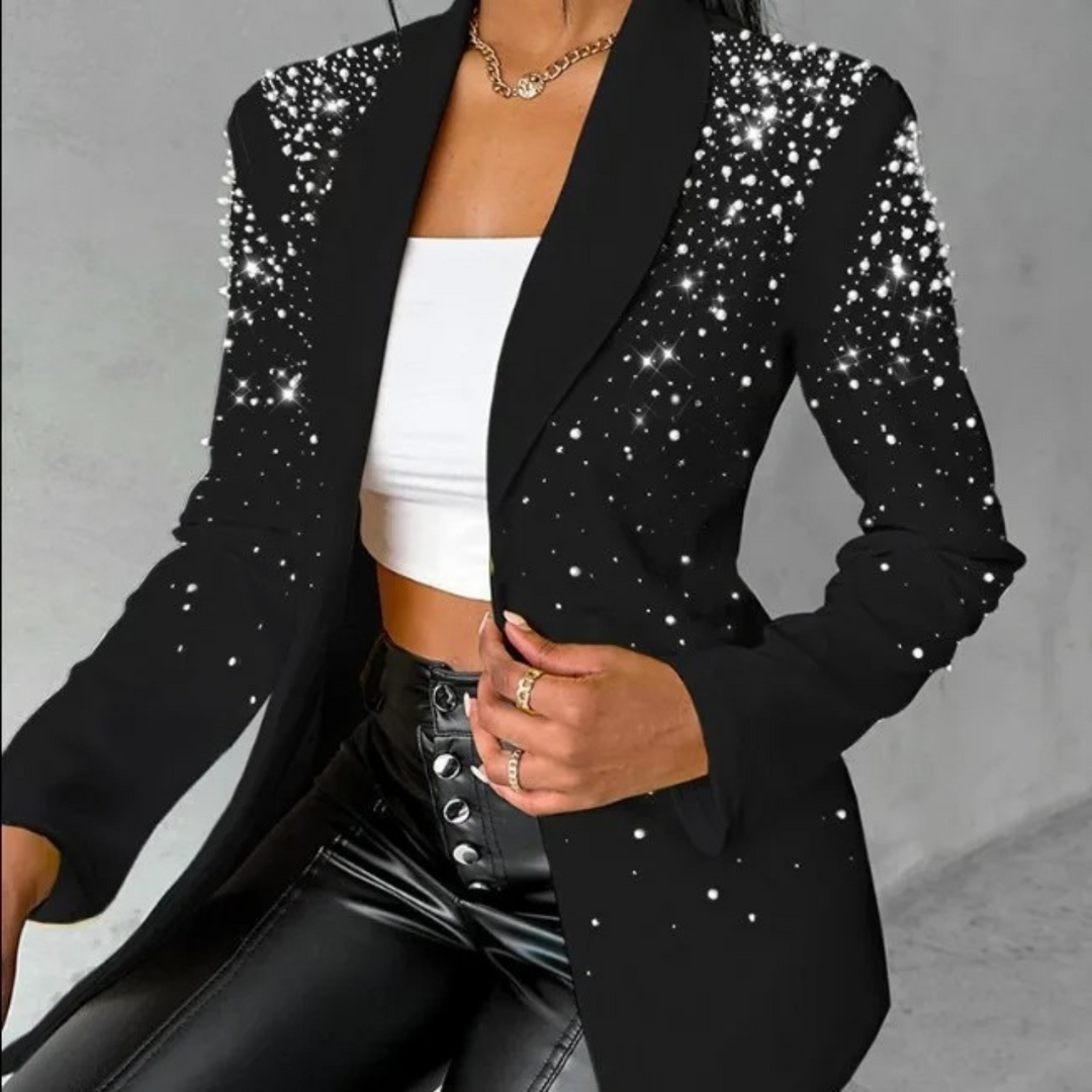 Chic women's slim-fit blazer with pearl details, ideal for sophisticated office attire or elegant party wear.