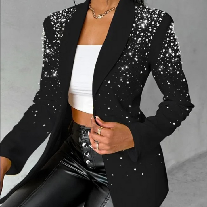 Chic women's slim-fit blazer with pearl details, ideal for sophisticated office attire or elegant party wear.