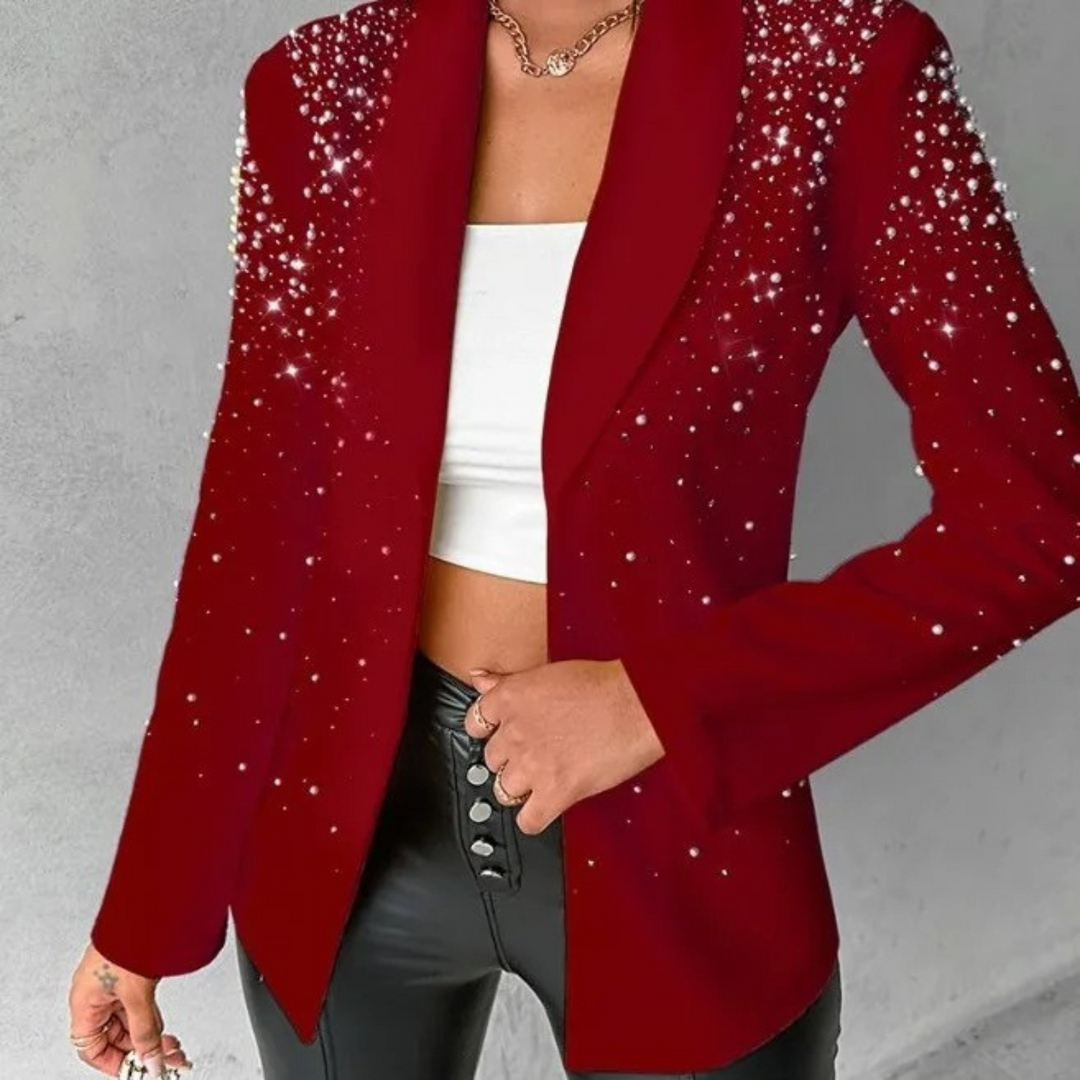 Sophisticated women's formal slim-fit blazer, featuring elegant pearl details, a chic outerwear choice.