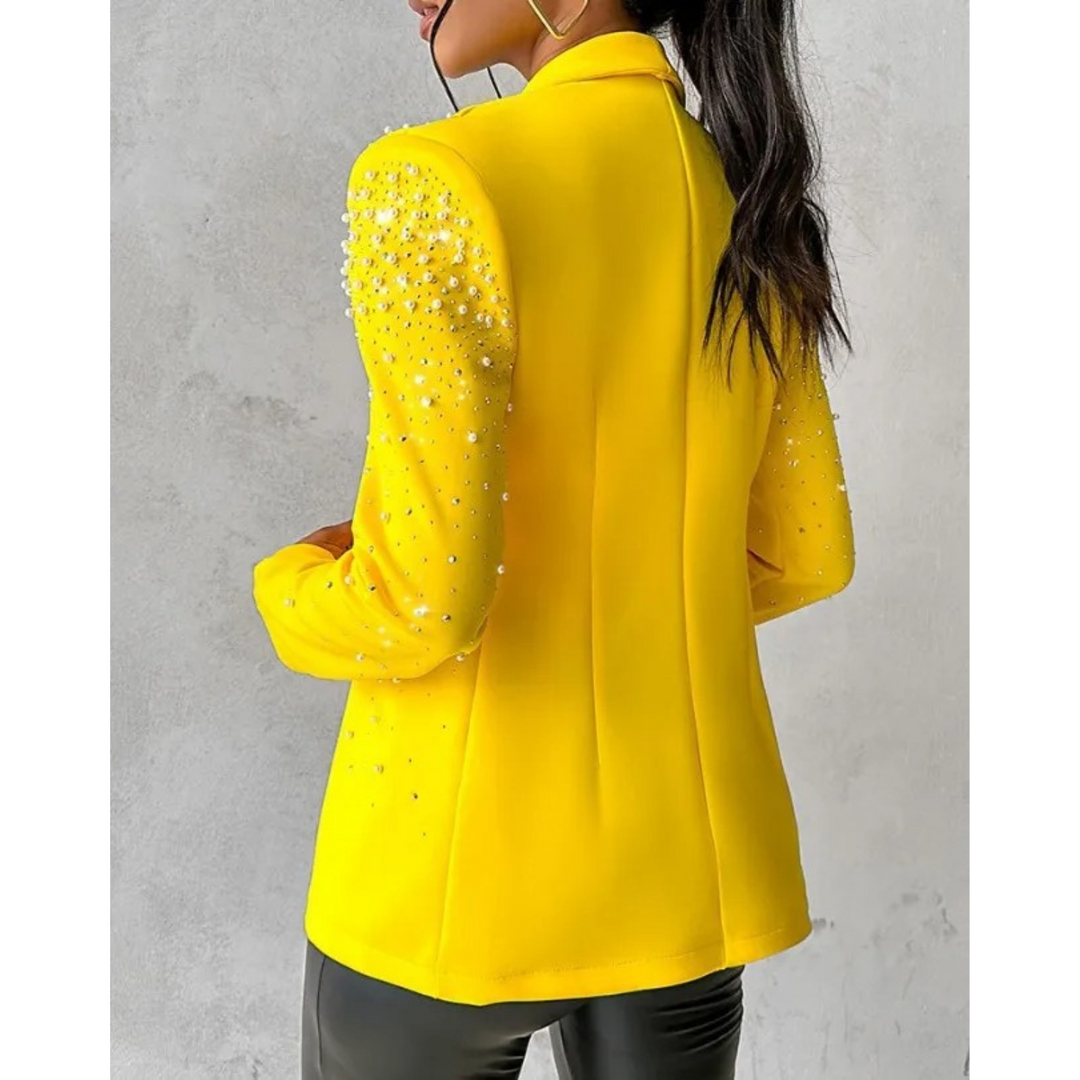Amara Women's Elegant Pearl Embellished Slim-Fit Blazer, a stylish jacket for formal and chic occasions.