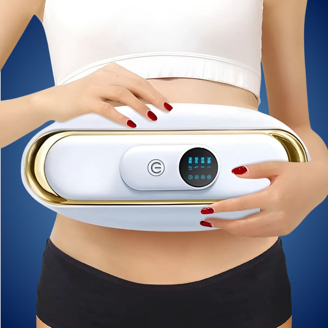 Close-up of slim belt showcasing EMS electrodes and heating elements for targeted belly fat reduction.