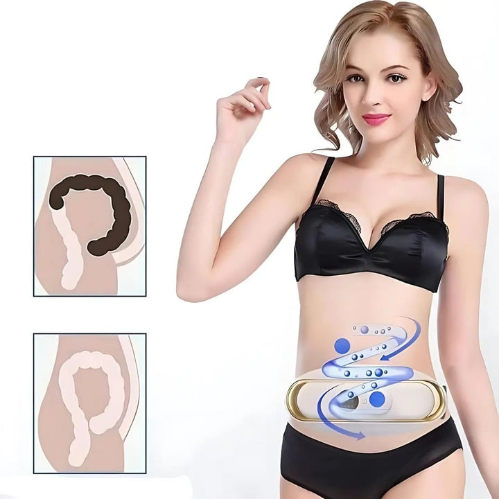 Woman using a heated abdominal massager belt for muscle relaxation, pain relief, and belly fat burning.