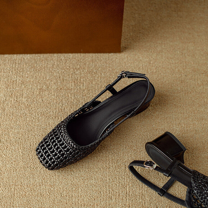 Women's elegant braided slingback sandals with a comfortable block heel. Chic summer footwear.