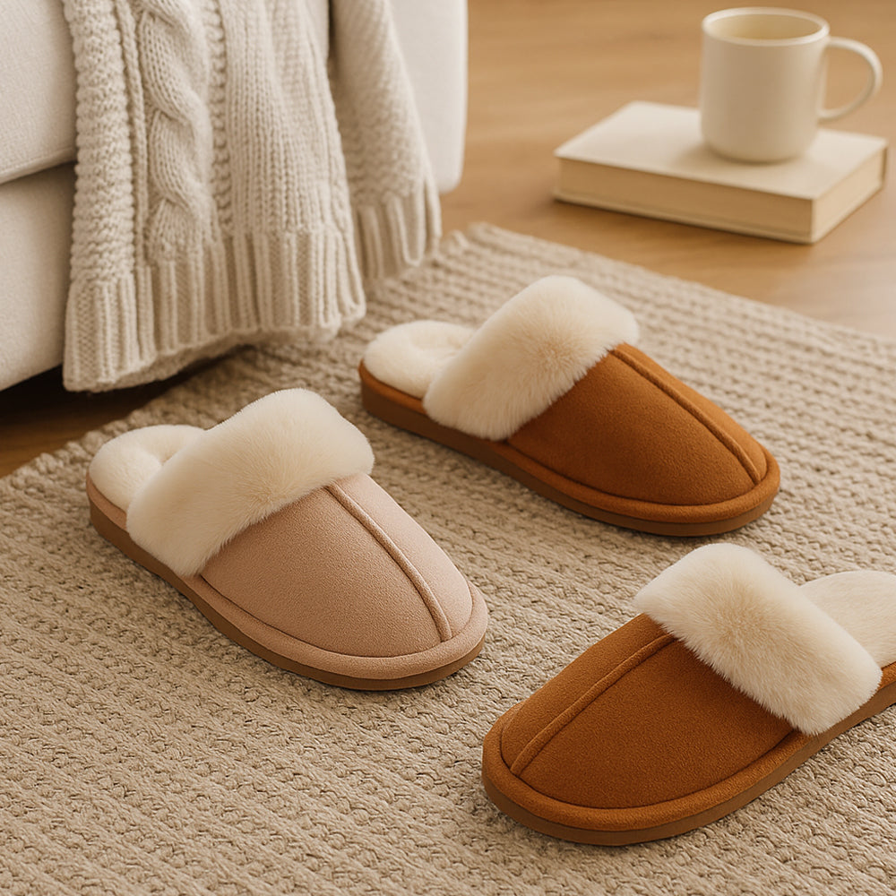 Plush brown & beige warm slippers, super soft & comfy unisex indoor footwear for cozy relaxation.