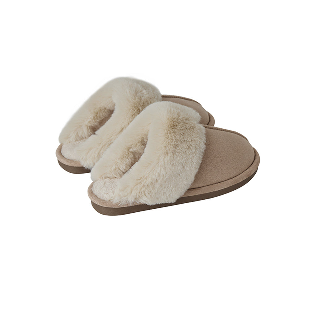 Unisex brown & beige warm house slippers, soft & comfy indoor shoes for men & women's relaxation.