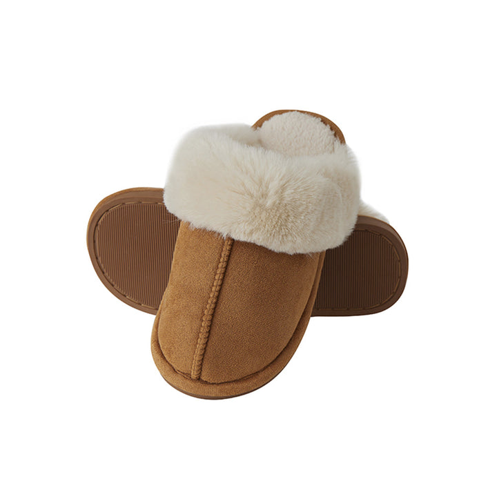 Soft, warm, & comfy brown & beige unisex slippers, perfect slip-on indoor shoes for cozy home wear.