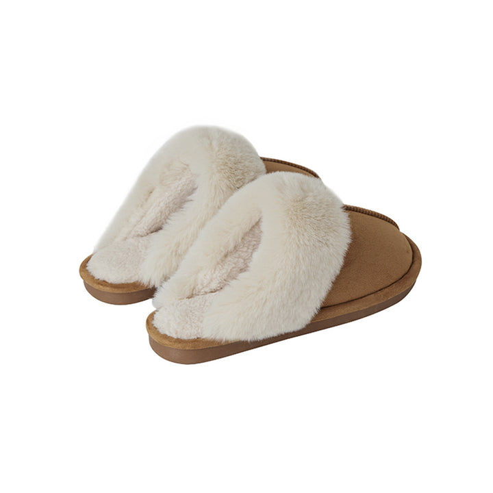 High-quality brown & beige house slippers, warm, soft, & comfy slip-on indoor footwear for relaxation.