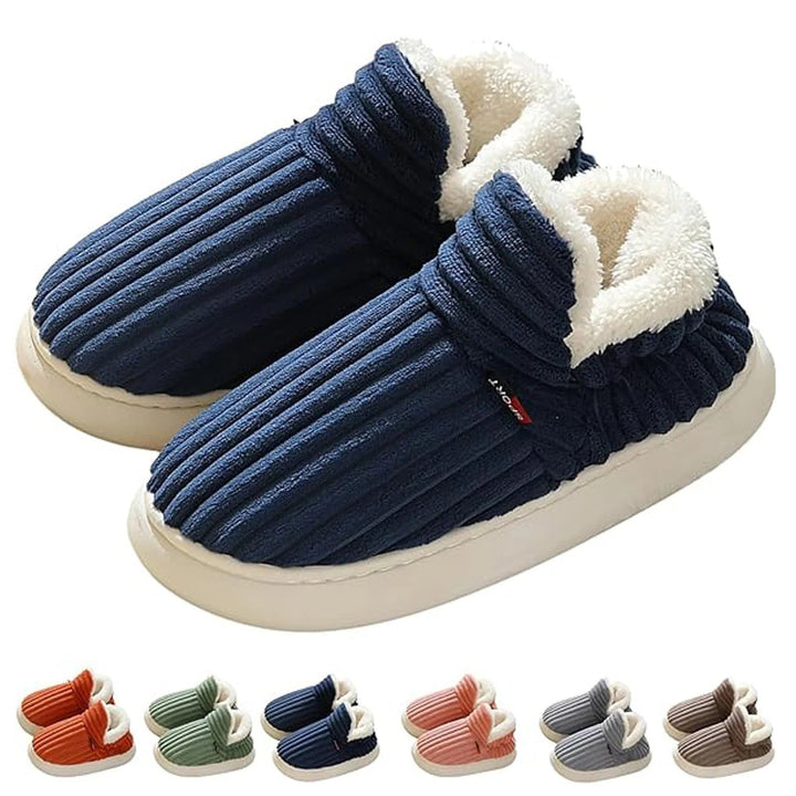Soft women's footwear; cozy house slippers featuring a warm design and sturdy non-slip sole for home comfort.