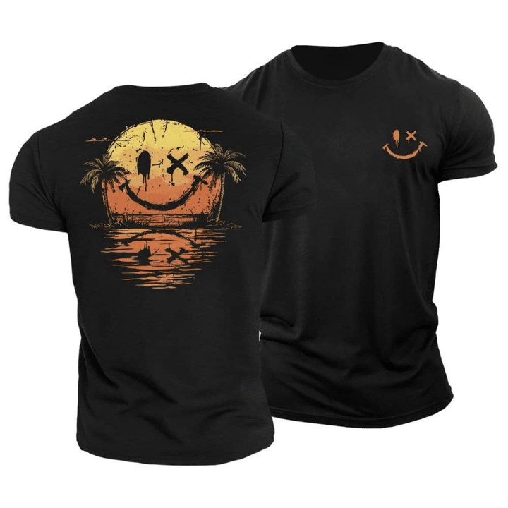 Playful graphic tee with a smiley sun print, perfect for summer vacations.