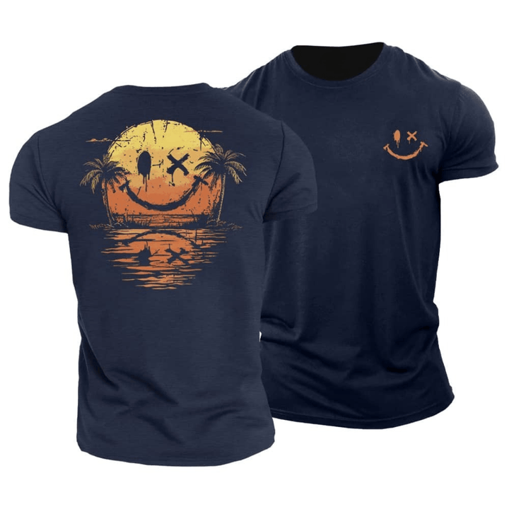 Casual unisex beach t-shirt featuring a fun smiley face design.