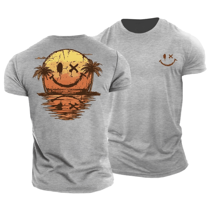 Unisex vacation t-shirt with a cheerful smiley print, ideal for sunny days.