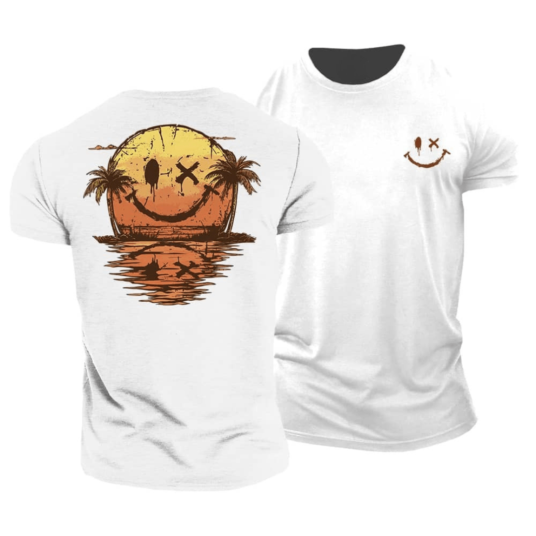 Soft cotton smiley graphic tee, relaxed fit, great for summer casual wear.
