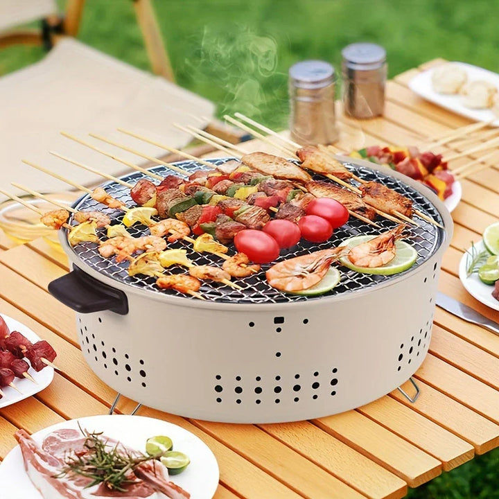 Versatile compact smoke-free charcoal grill for easy outdoor cooking, camping, patio, and balcony BBQ experiences.