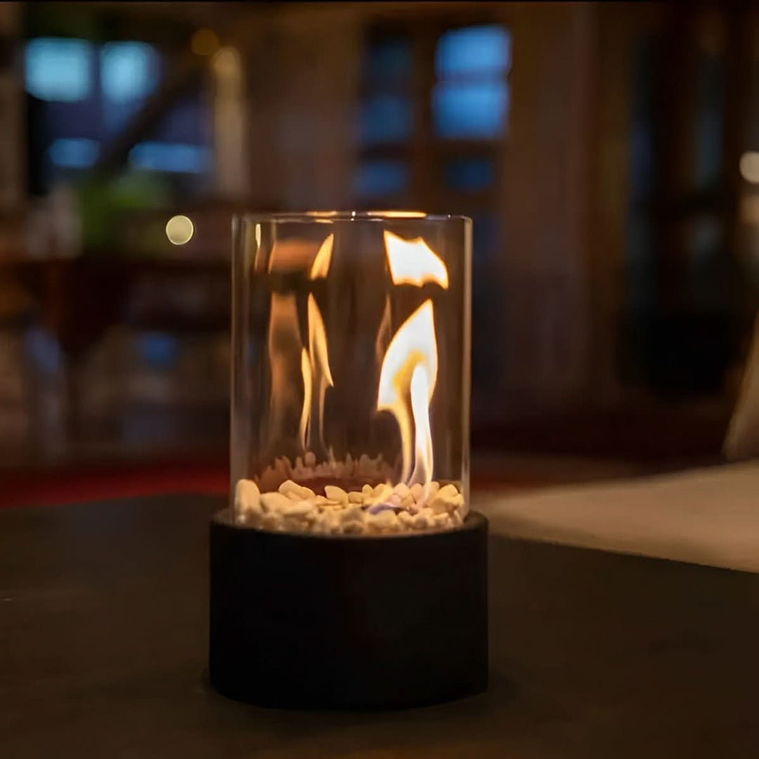Modern tabletop bioethanol fireplace for indoor & outdoor ambiance. Smokeless & portable design.