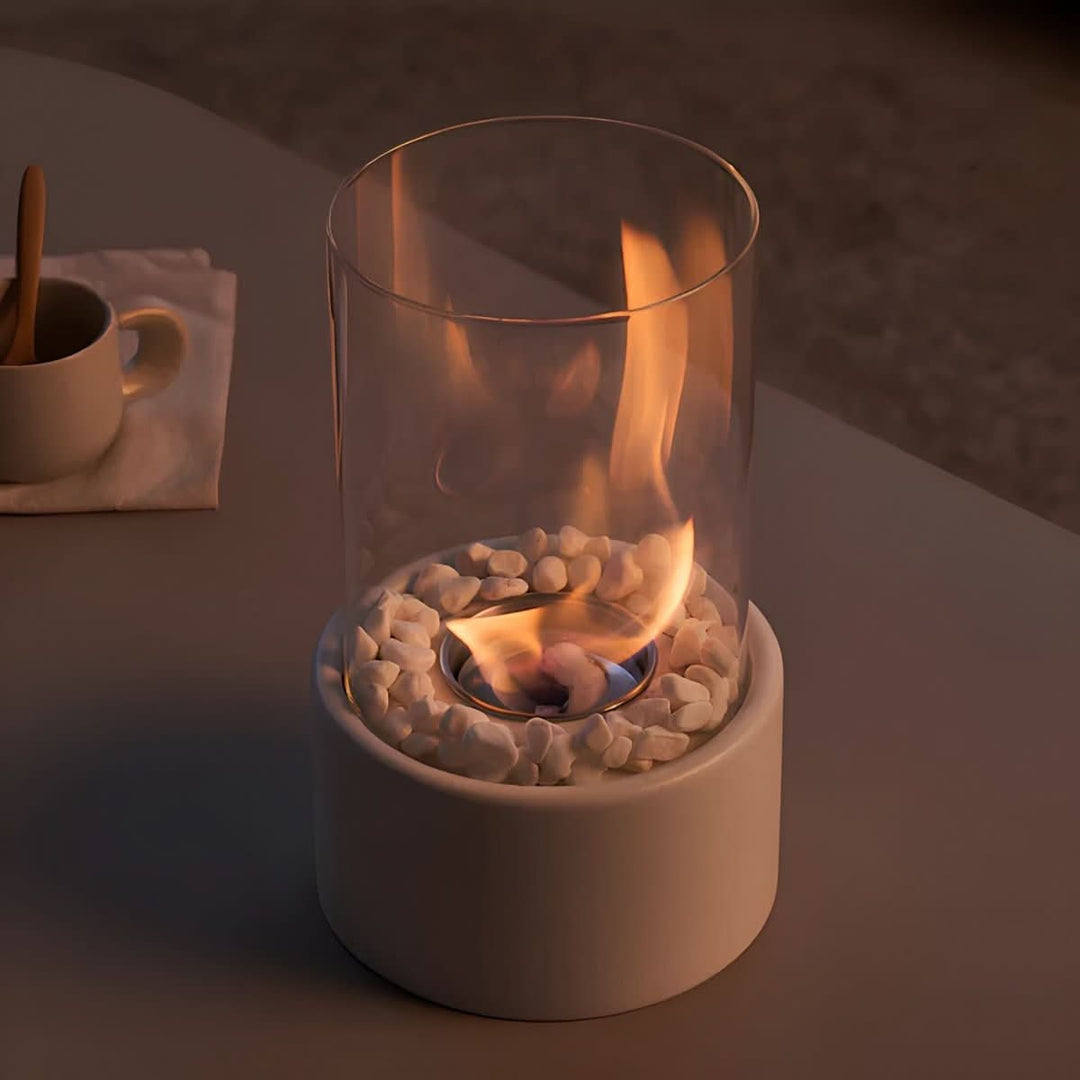Sleek bioethanol tabletop fireplace, perfect for modern home decor & creating cozy ambiance.