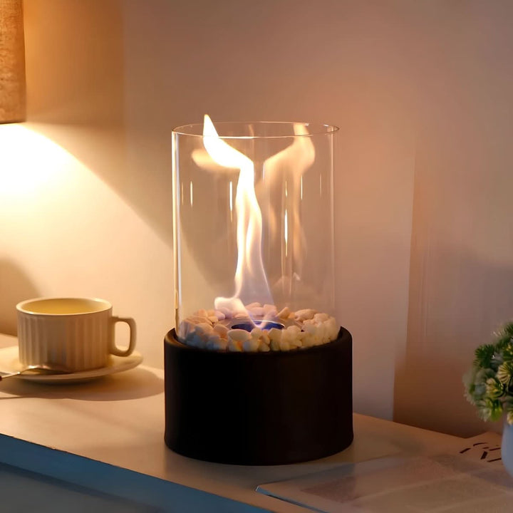 Stylish modern bioethanol fireplace adds a decorative touch and warm ambiance to tabletops.
