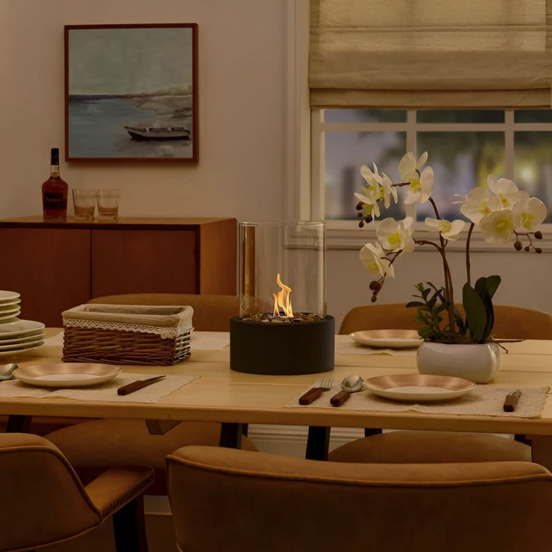 Elegant bioethanol tabletop fireplace, enhancing ambiance and modern decor with real flame.